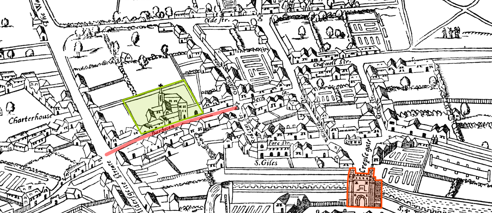 1561 AGAS Map showing La Bas Court in the Barbican area